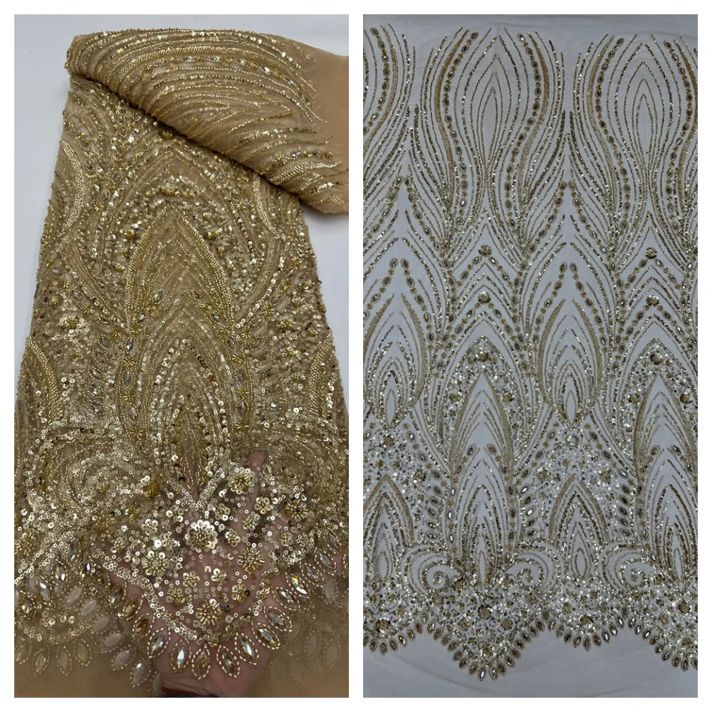 

2026 African Nigerian High-Quality Sequins Tulle Lace Fabric for Prom Dresses Beads Embroidery Sewing Net Cloth 5Yard