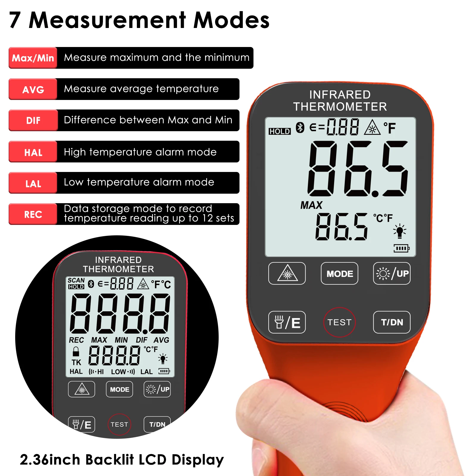 Non-Contact Infrared Thermometer Laser Temperature Gun 30:1 LCD Digital Pyrometer Smart APP for Industrial Cooking Automotive