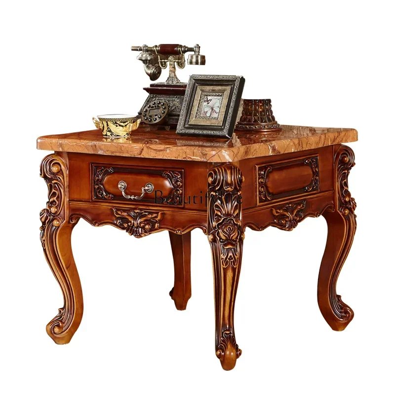 

1PJ12**All solid wood European marble corner few living room carved sofa edge few with drawers