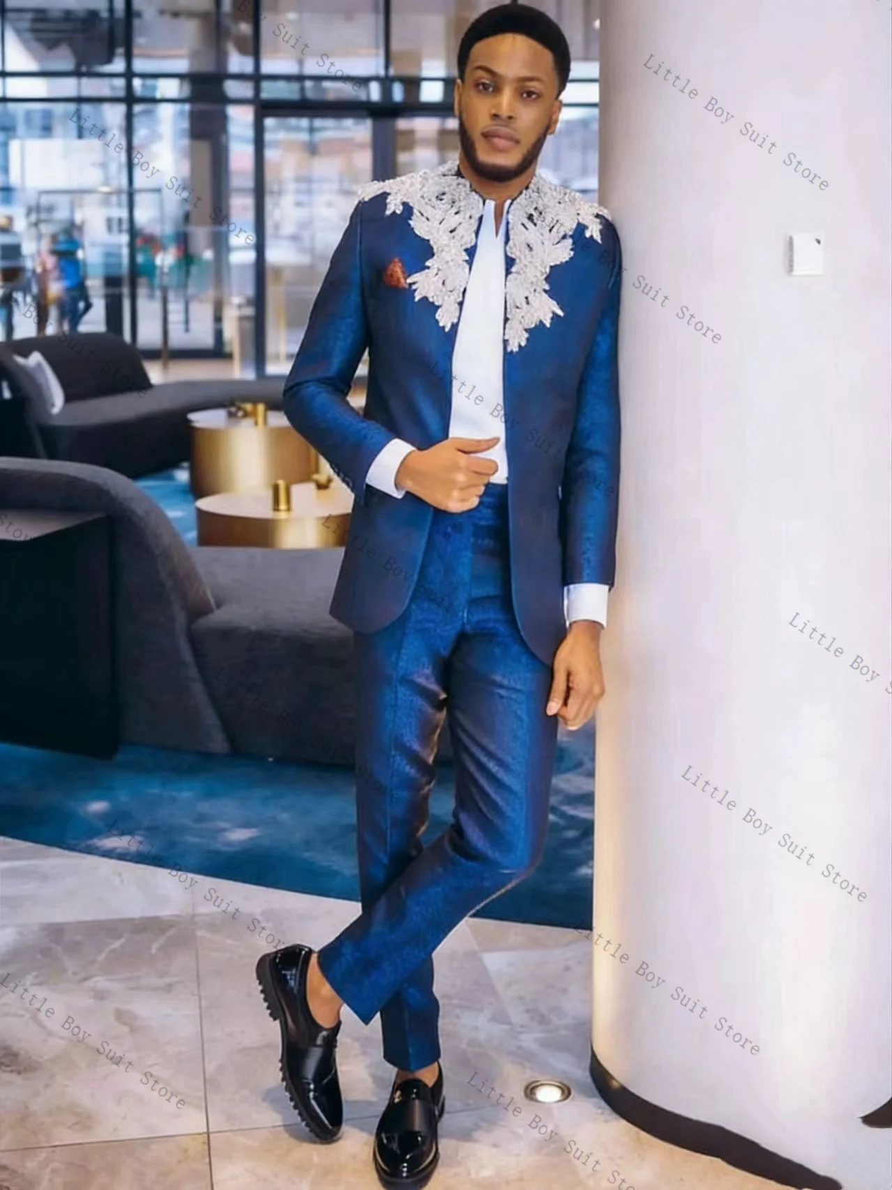 

Blue Gentle Men Suit Set 2 Pieces Jacket Blazer+Pants Trousers Appliqued Wedding Tuxedo Formal Office Party Coat Customized