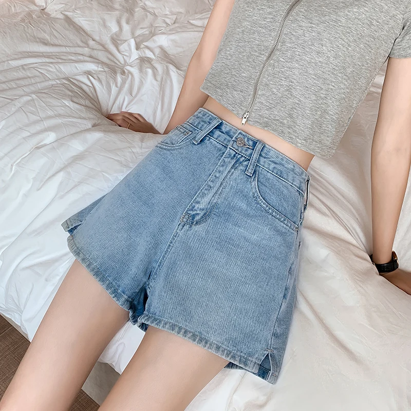 

High Waist Loose Women's Denim Shorts Summer Side Slit Wide Leg Pants Hot Shorts Button Craft Light Weight Jeans Fabric
