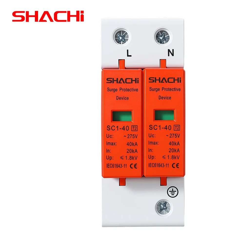 Protector Contra Sobretensiones SHACHI 2P AC, Dispositivo de Protección Contra Sobretensiones SPD, 275V 385V 20KA 40KA 60KA, Protector de Voltaje, Supresor de Picos para Sistemas Solares Fotovoltaicos