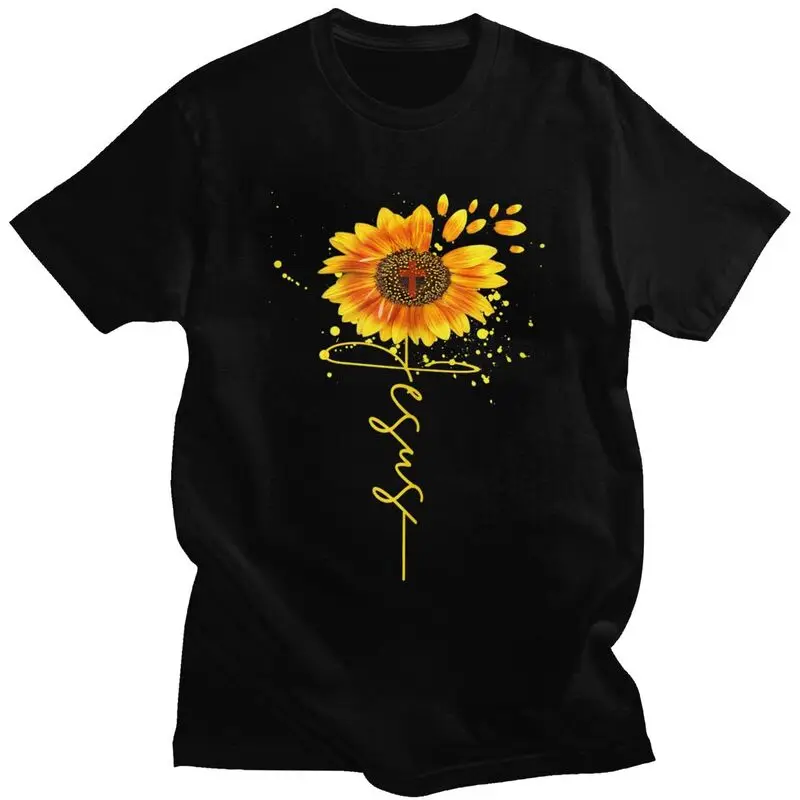 Custom Jesus Sunflower Spiritual Christian Faith Religious T Shirt for Men 100% Cotton Tees Short Sleeve T-shirts Clothing Gift