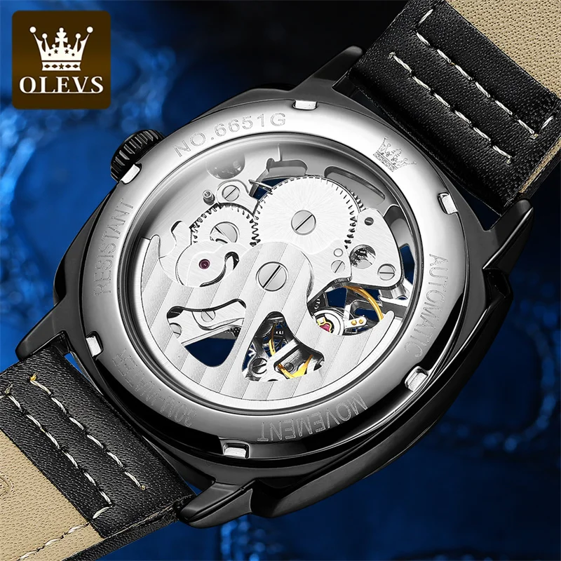 OLEVS Luxury Men Watches Automatic Mechanical Wristwatch Skeleton Design Waterproof Leather Strap Male Watch Reloj Hombre