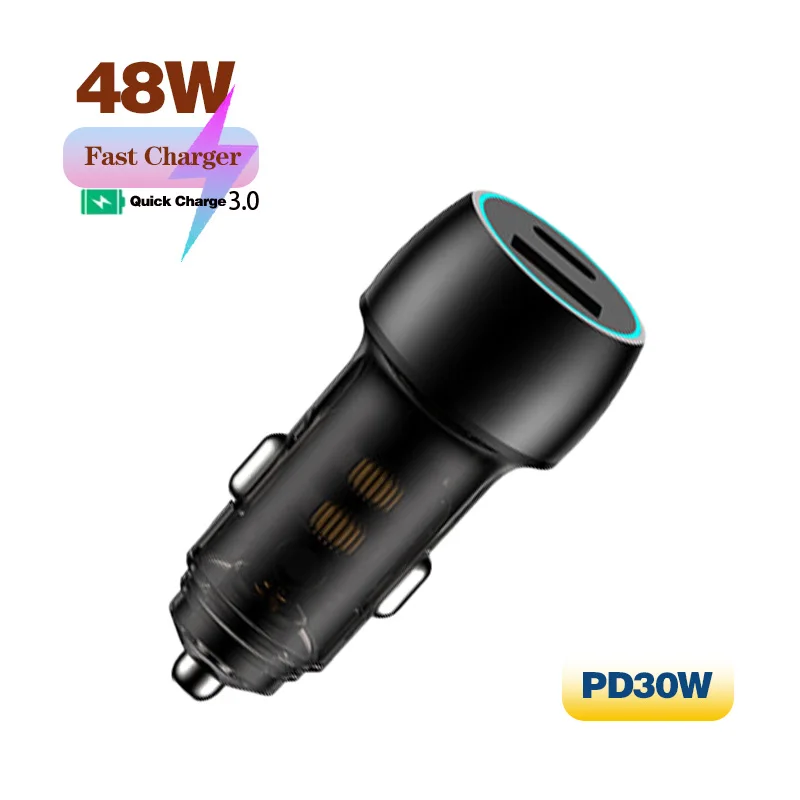 

MAX 130W Transparent Design 2 Port Car Charger with PD30W QC3.0 Super Fast Charging USB car Cigarette Lighter Adapter For phones