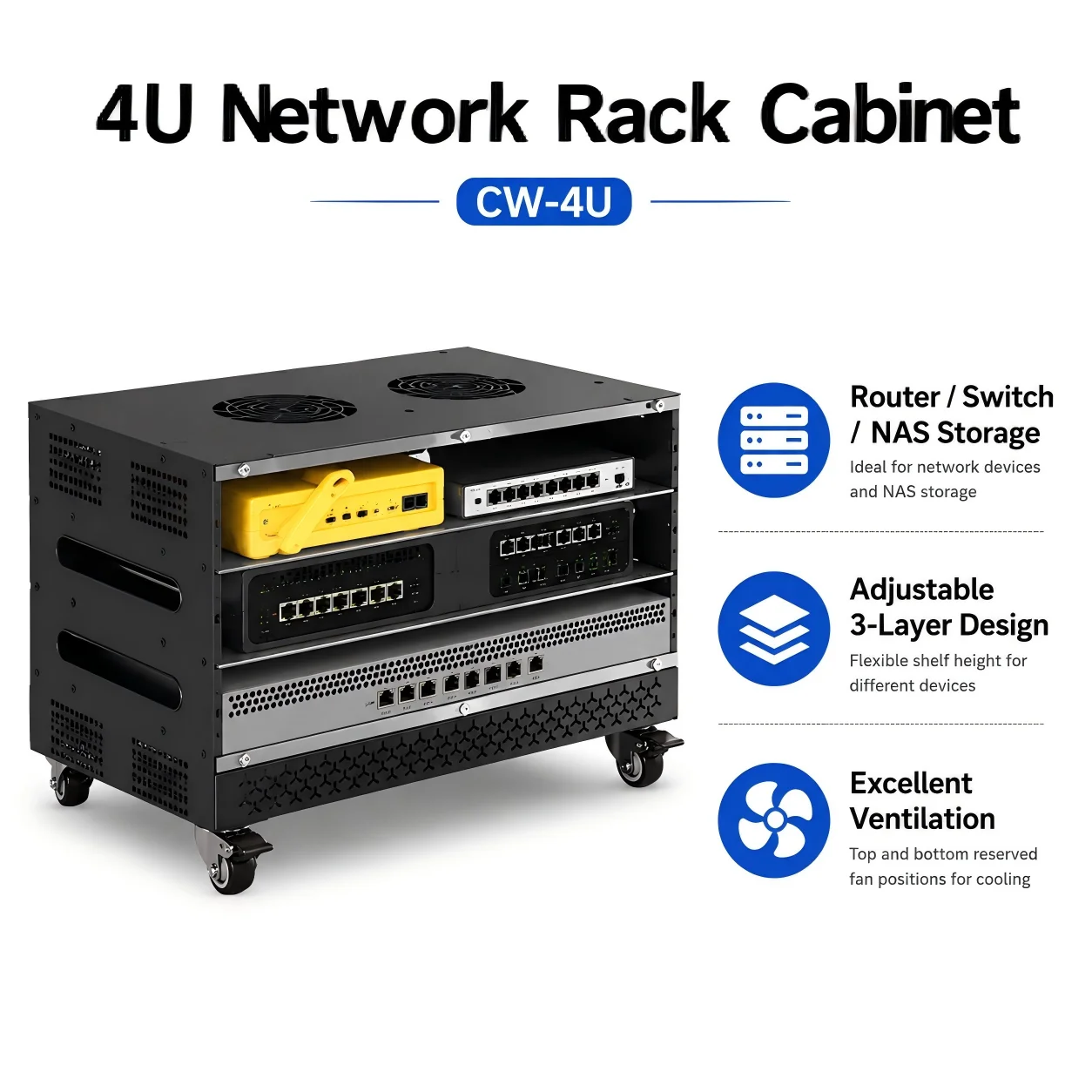 4U Desktop Network Rack Cabinet 3-Layer Adjustable Metal Server Shelf for Router Switch NAS Mini PC PDU Rack