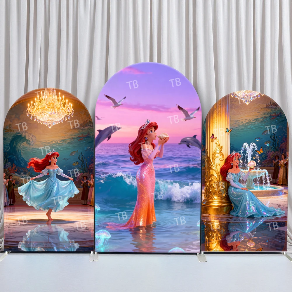 

Disney Ariel Arch Backdrop Cover Beach Dolphins Sunset Fountain Scene for Birthday and Baby Shower Party Photo Booth Decor Props
