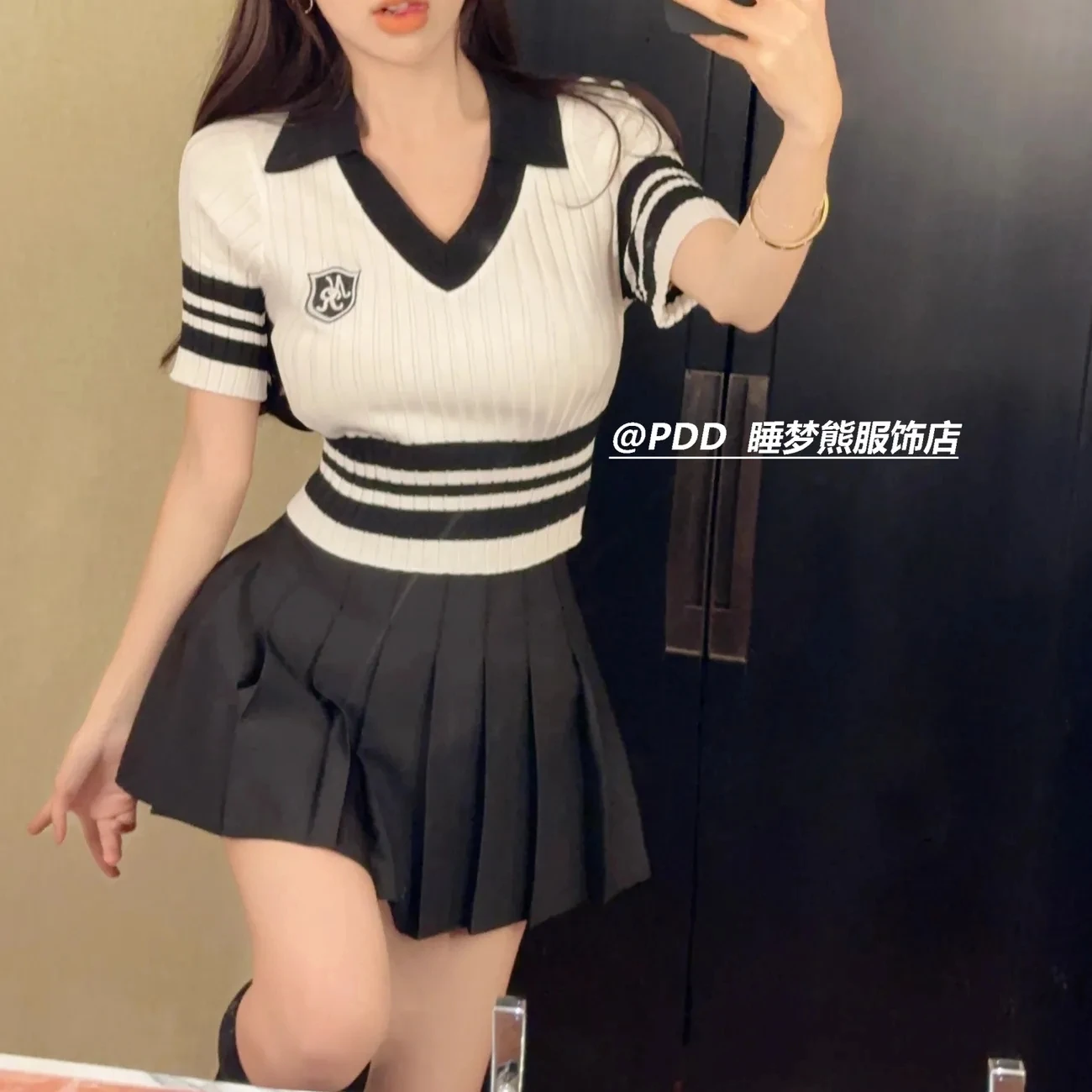 Vintage Hottie POLO Short Sleeve T Shirt V-Neck Crop Top Slim Chic Striped Knit Women Aesthetic Clothing