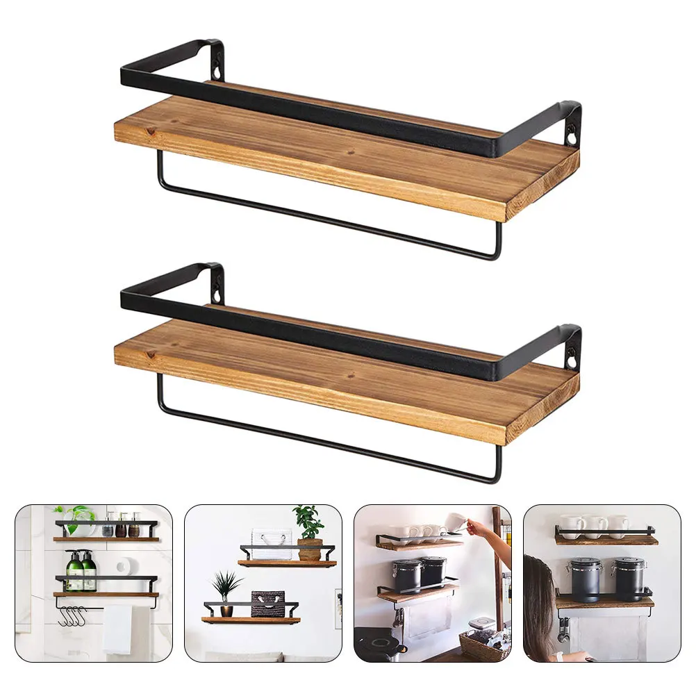 

1Set Wall Storage Shelf Wooden Floating Bracket Modern Design Bathroom Kitchen Towel Rack Hooks Storage Organizer