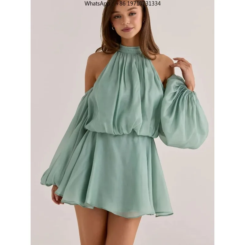 2026 New Women's French Style Fresh Halter Neck High Collar Ruched Off-shoulder Bell Sleeve Summer Dress