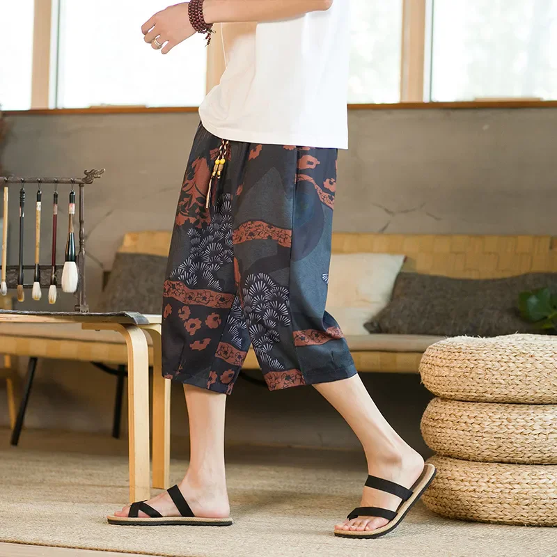 2025 Printed Pants Large Size Cropped Chinese Summer Loose Straight Casual Fat Man Shorts Thin Beach Pants