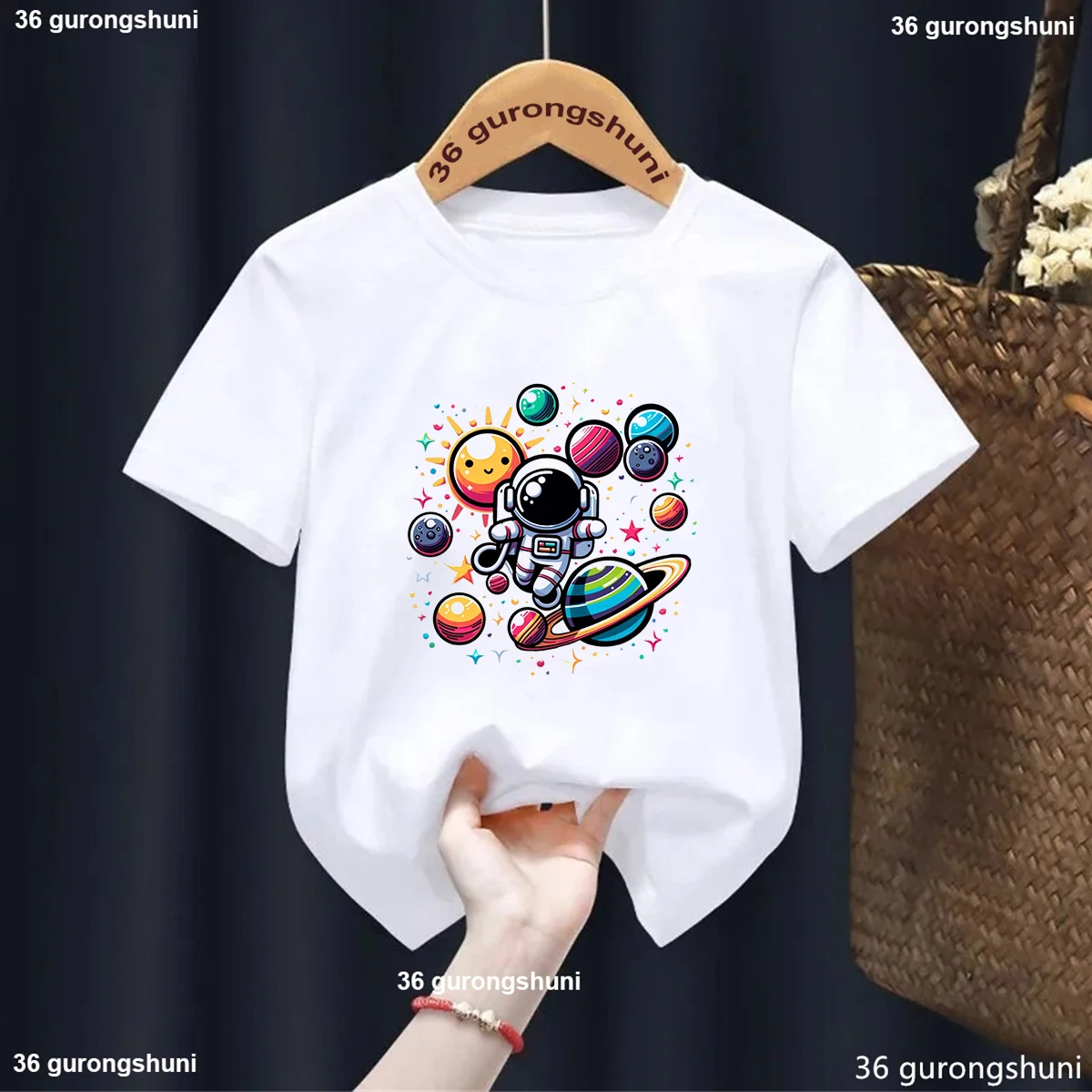 2025 Newly Solar System Astronauts Graphic Print Toddler Boys/Girls Tshirt Harajuku White Fashion Childerns Short Sleeved Tops