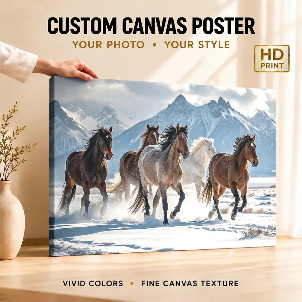 Wild Horses Running In Snowy Mountains Gallery Wrapped Canvas Print Customized Photo Equestrian Landscape Wall Art For Bedroom