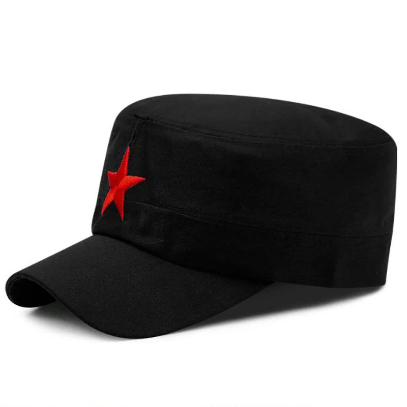 Red star  Washed Cotton Flat Top Hat Adjustable Fisher Military Caps Men Women Cadet Army Cap Unique Design Vintage Four Seasons