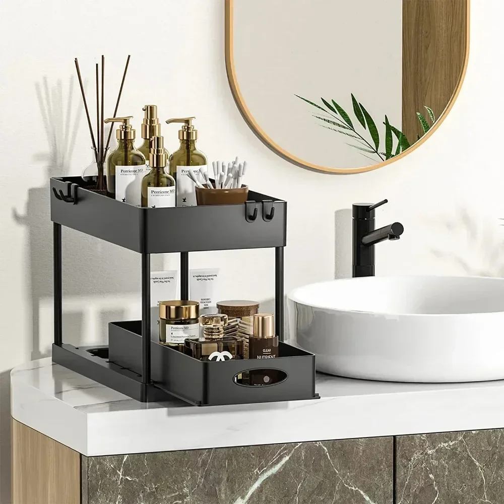 New 2 Tier Under Sink Organizer Sliding Cabinet Basket Organizer Storage Rack with Hooks Hanging Cup Bathroom Kitchen Organizer image 4