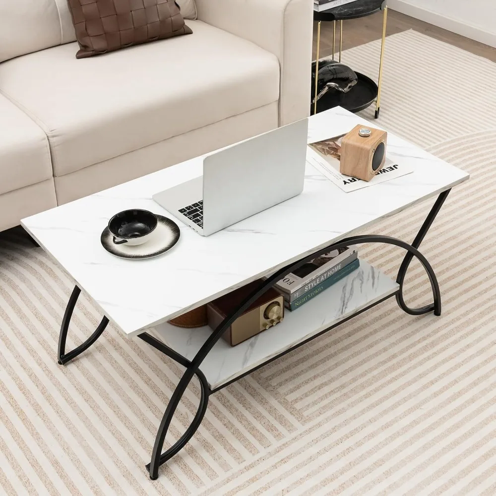 2-Tier Rectangular Coffee Table, Faux Marble Table with Open Storage Shelf, Black Finished Metal Frame, Modern Center Ta