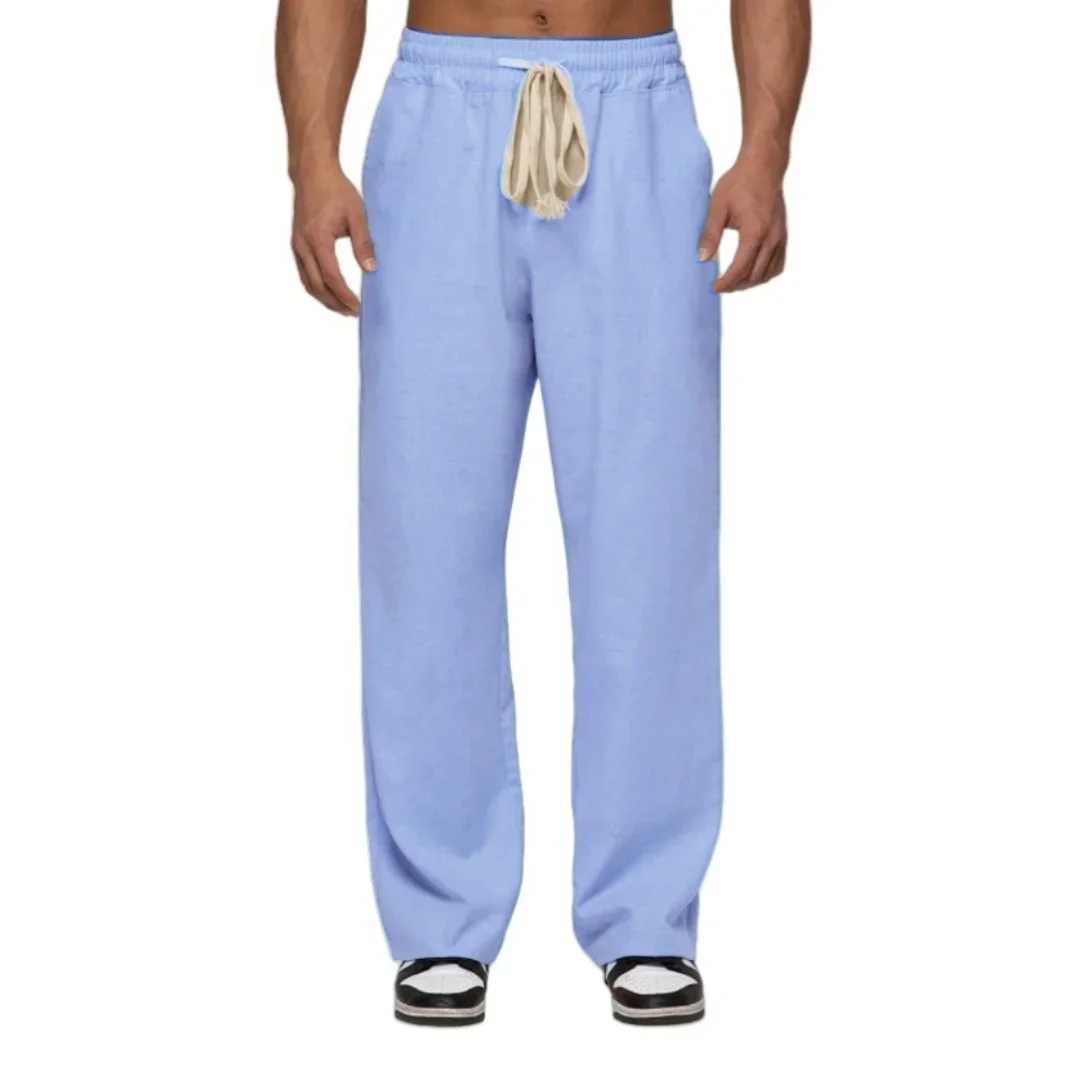 Men's 2025 Casual Cotton Linen Trousers High-End Comfortable Elastic Waist Street Sports Loose Straight-Leg Trousers