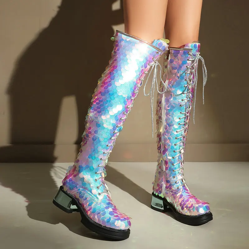 Colorful Sequin High Tube Boots Pointed Toe Chunky Heel Thick Sole Front Lace Up Side Zip Stage Party Performance Fashion Boots