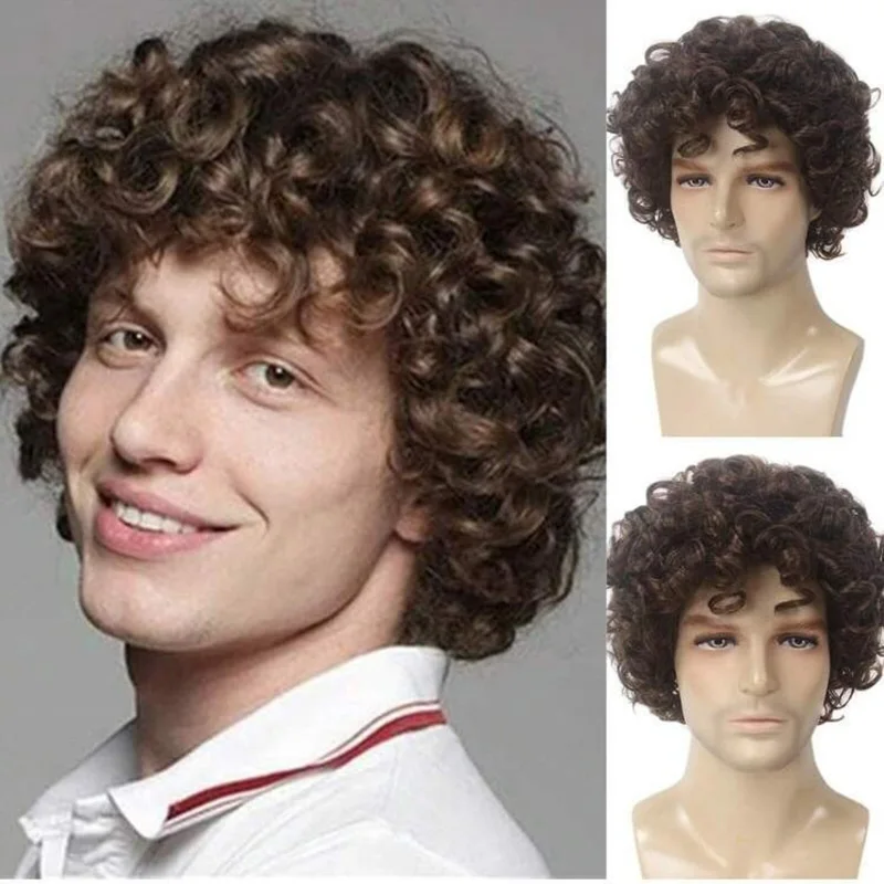 Bühnenkostüm mit Flauschigem Kurzhaar-Kopfschmuck für Bar-Auftritte, Chemiefaser-Kopfbedeckung, Bankett-Herrenkleidung mit Kleinen Locken
