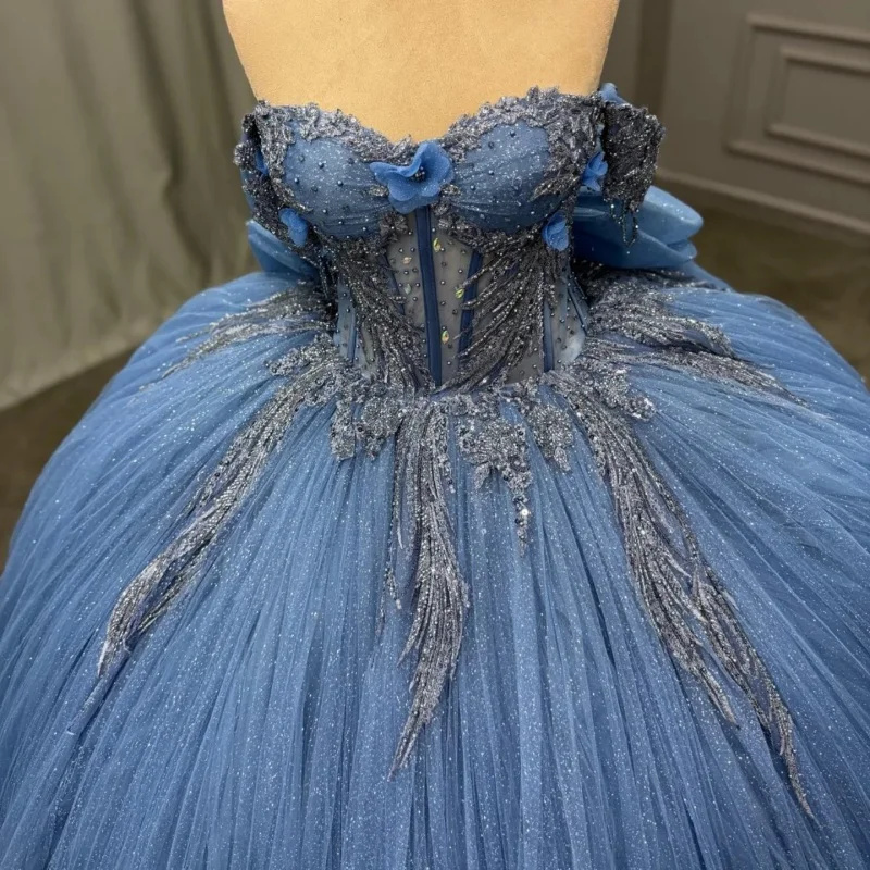 

Customized Shiny blue Quinceanera Dresses Off the Shoulder glitter applique Lace layering Bow Long tail Vestido 15 Quinceanera