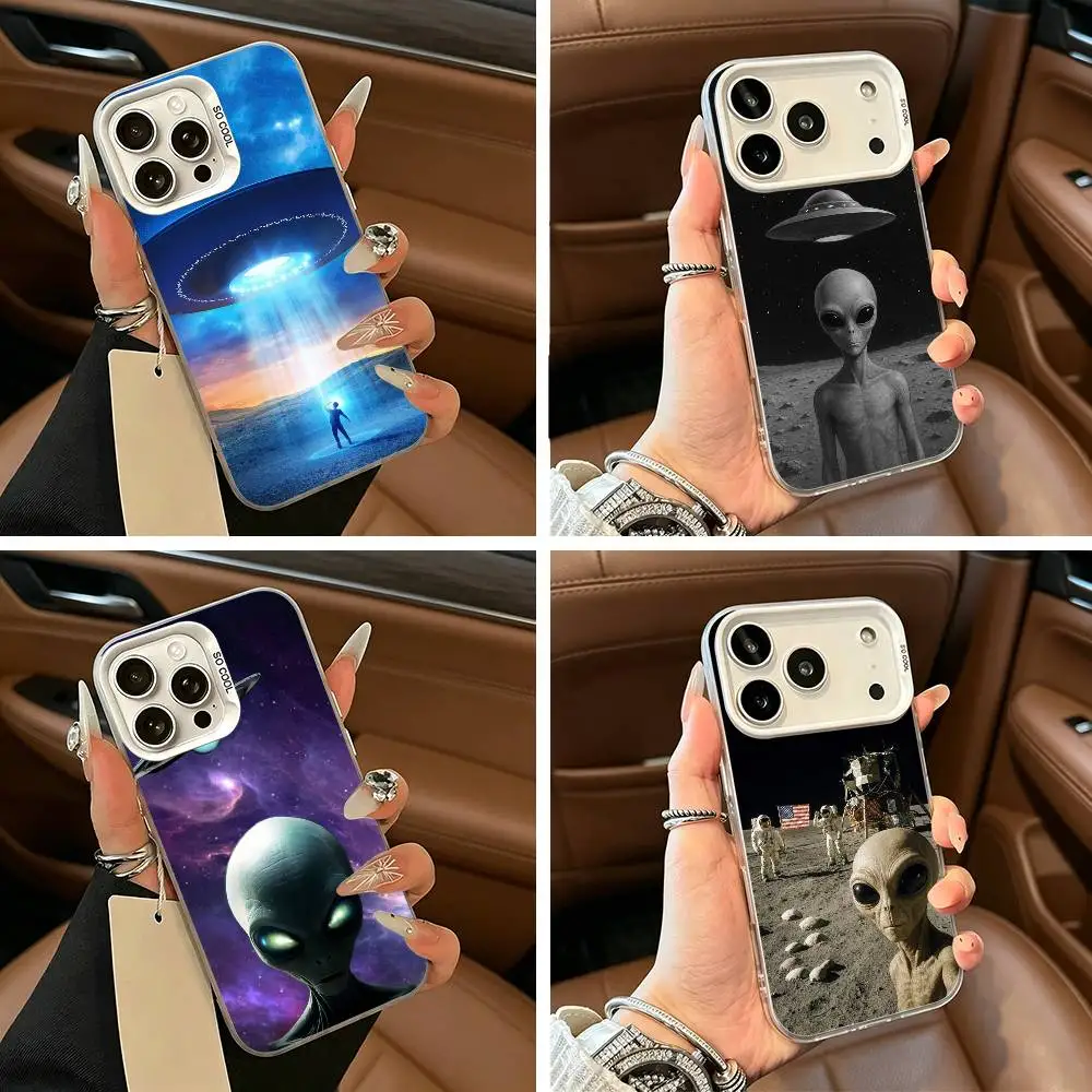 

Singular Space UFO A-Alien-ES Phone Case For iPhone 11 12 13 14 15 16Pro Max Plus white silver Phone Cover