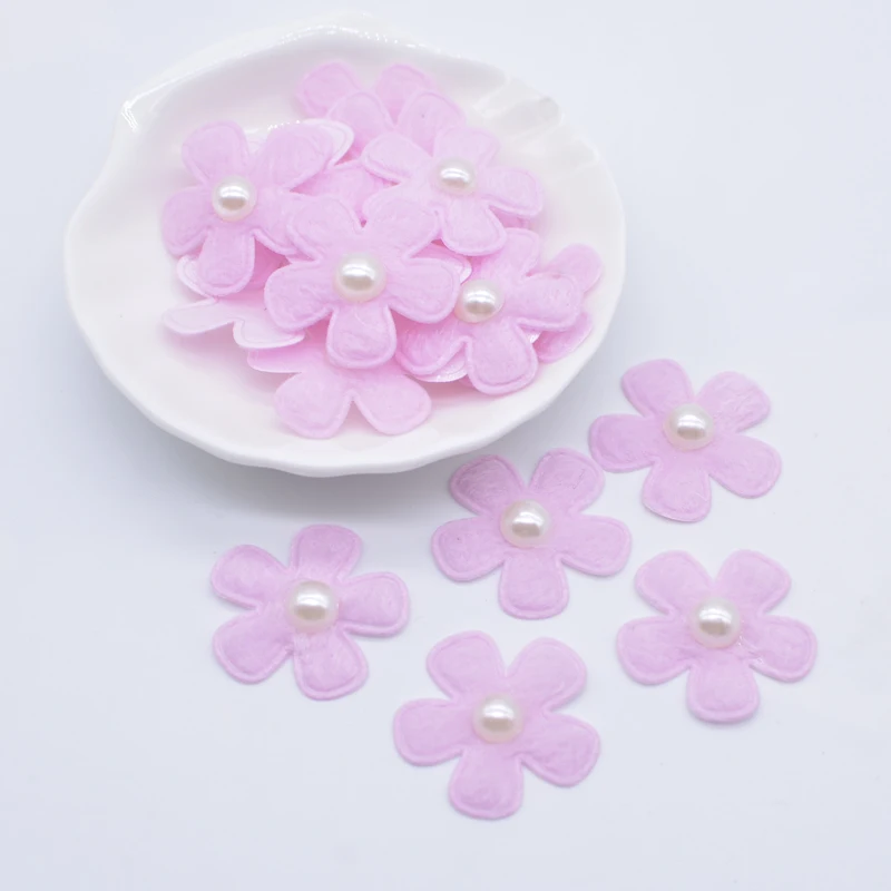 50Pcs 26mm Cloth Flower Embellishment with Pearl for Clothes Patch Fabric Sewing Crafts Socks Gloves Shoes Decal Headwear Decor