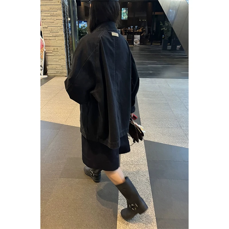 

Retro Sle Dongda Gate 25 Autumn Collar Workwear Slim Fit Denim Jaet Women Street Sle Loose Long Sve Mid-Length Button