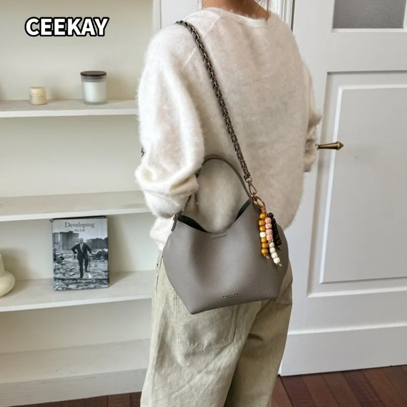 CEEKAY Leather Handbag Bead Charm Metal Ring Hardware Top Handle Versatile Everyday Commute Casual Large Capacity Purse Women