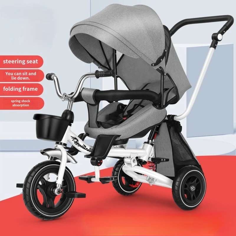 Cochecito de bebé ajustable, asiento reclinable de tres ruedas, bicicleta para niños, multifunción, plegable, puede sentarse y acostarse, triciclo para niños