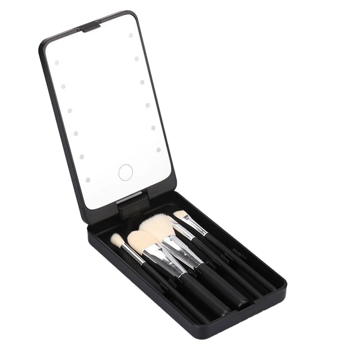 Miroir de maquillage portable avec 5 pinceaux, boîte de rangement, tactile LED, noir