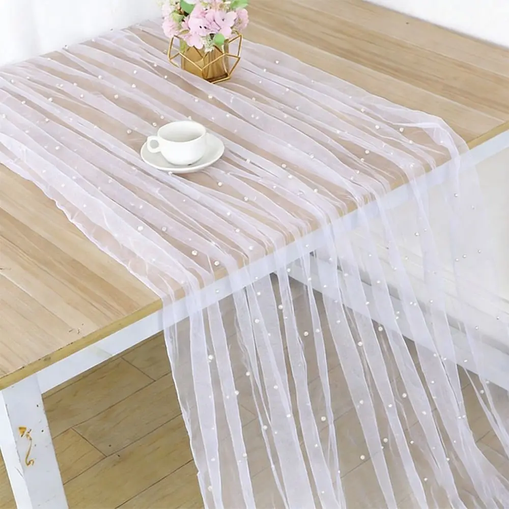 Sheer Drapes Pearl Yarn Table Runner Gauze Mesh Semi Transparent Wedding Tablecloth DIY Pearl Table Cover Dinner Table