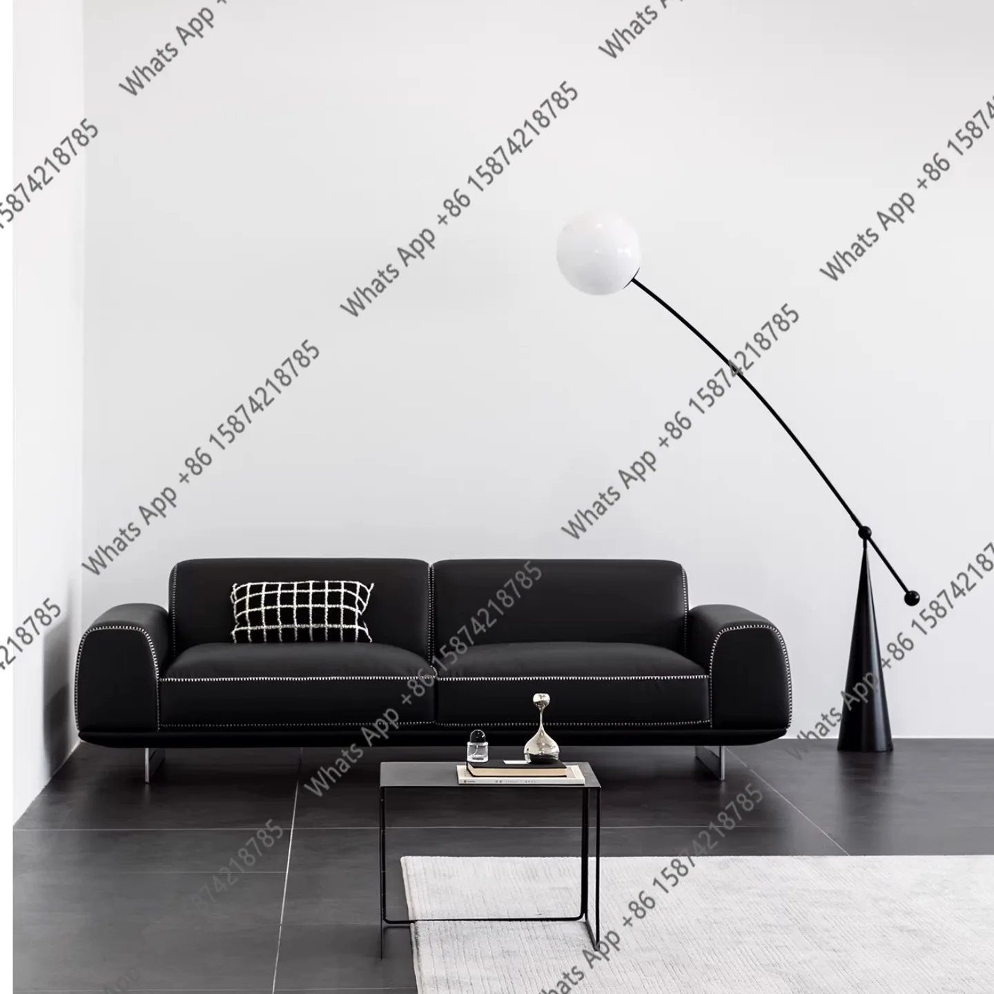 Italian minimalist light luxury black leather Bauhaus curve sewing three-person small apartment living room sofa