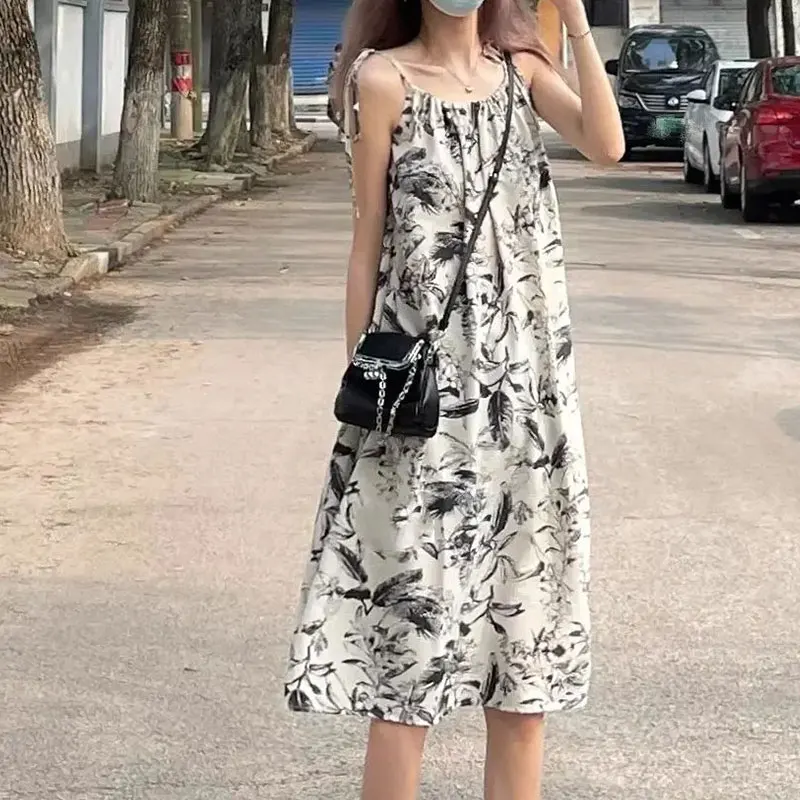 

Women's Camisole Dresses Ink wash Printed Sleeveless Dress Vintage Loose Comfort Fashion Versatile Elegant 2024 Summer