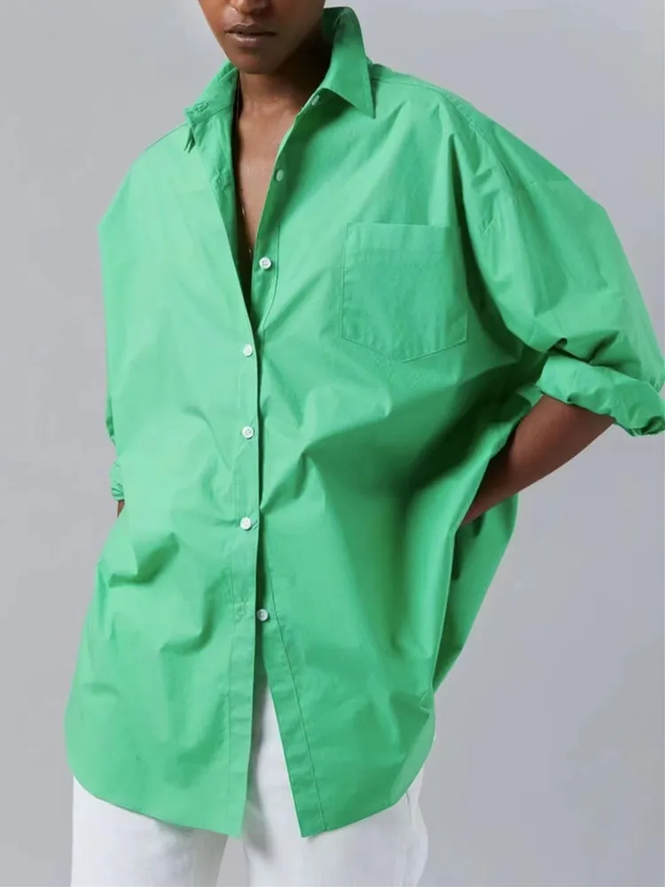 

INS Super Hot Green Shirt for Women's 2022 New Ladies Solid Color Single-Breasted Shirt and Top with Single Pocket