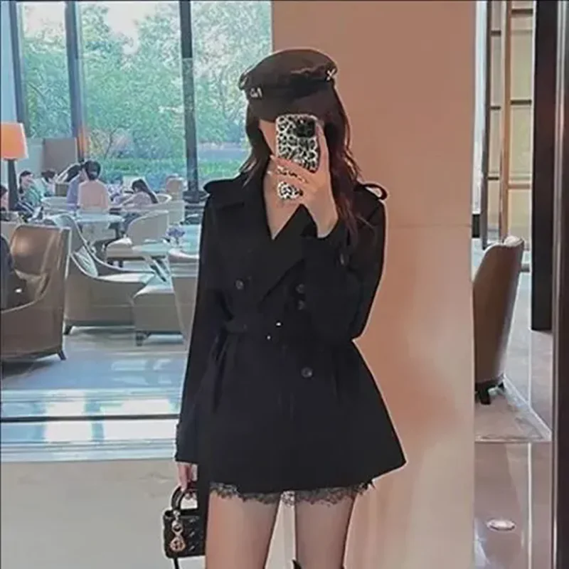 Korean Elegant Trench Coat Women Beige Double Breasted  Buttons Waist Square Buckle Belt Lapel Epaulet Slim Short Wind Coat