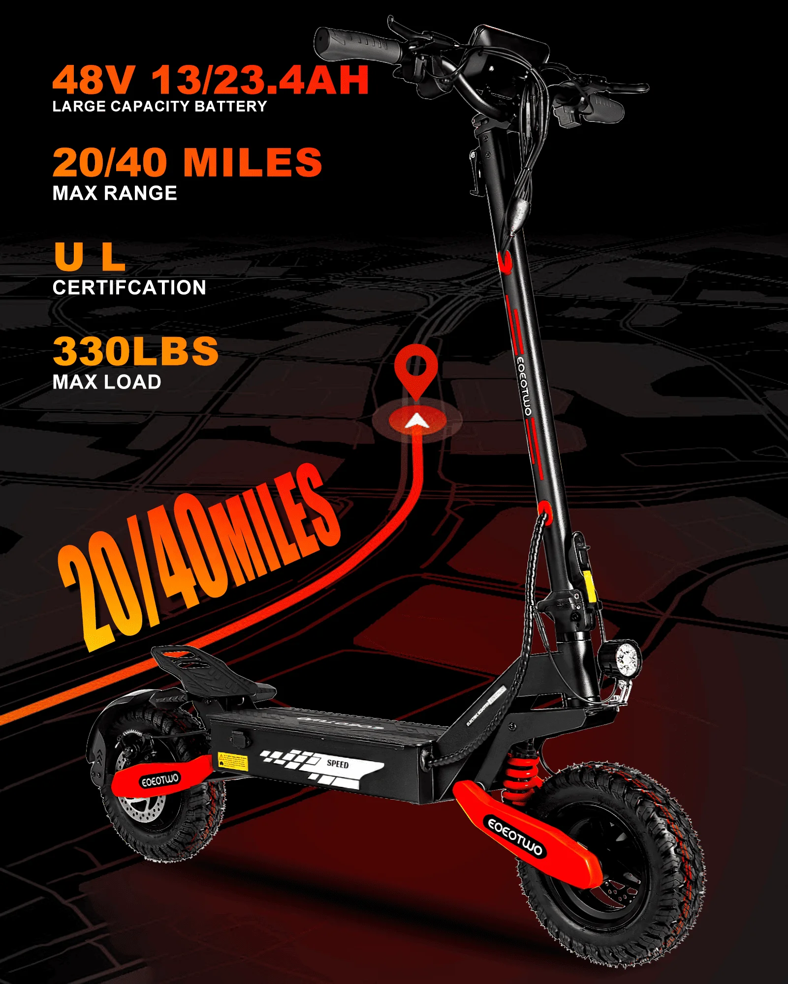سكوتر كهربائي، محرك 1200 وات، نطاق أقصى 40/20 ميل وسرعة علوية 28 ميل في الساعة، إطارات للطرق الوعرة مقاس 11 بوصة، فرامل مزدوجة تعليق مزدوج سكوتر إلكتروني للكبار
