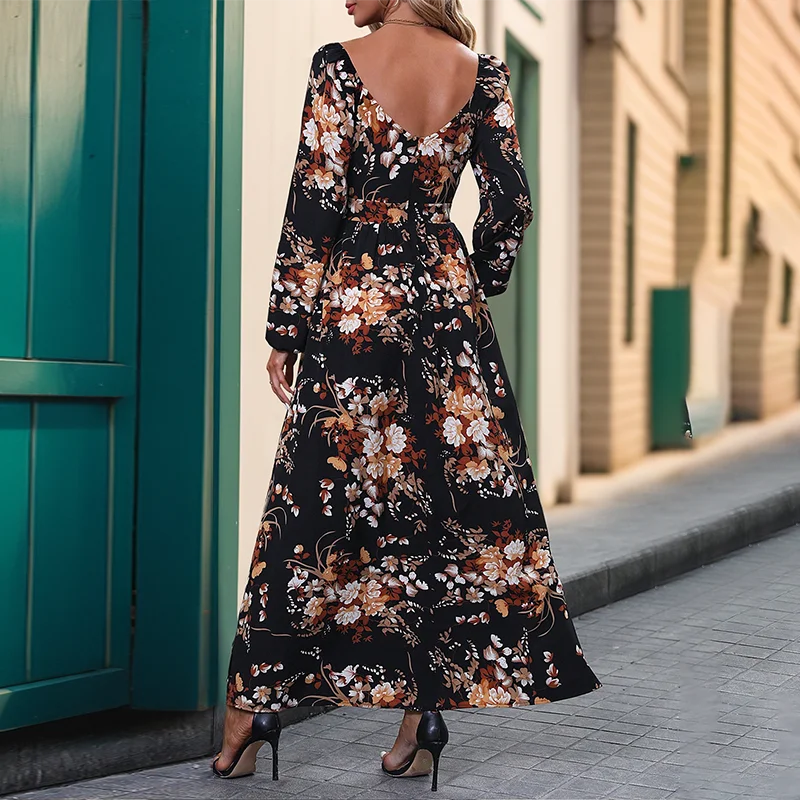 Benuynffy Floral Print Autumn Women's Dress 2024 New Elegant Deep V-Neck Long Sleeve A-Line Dress Ladies High Split Long Dresses