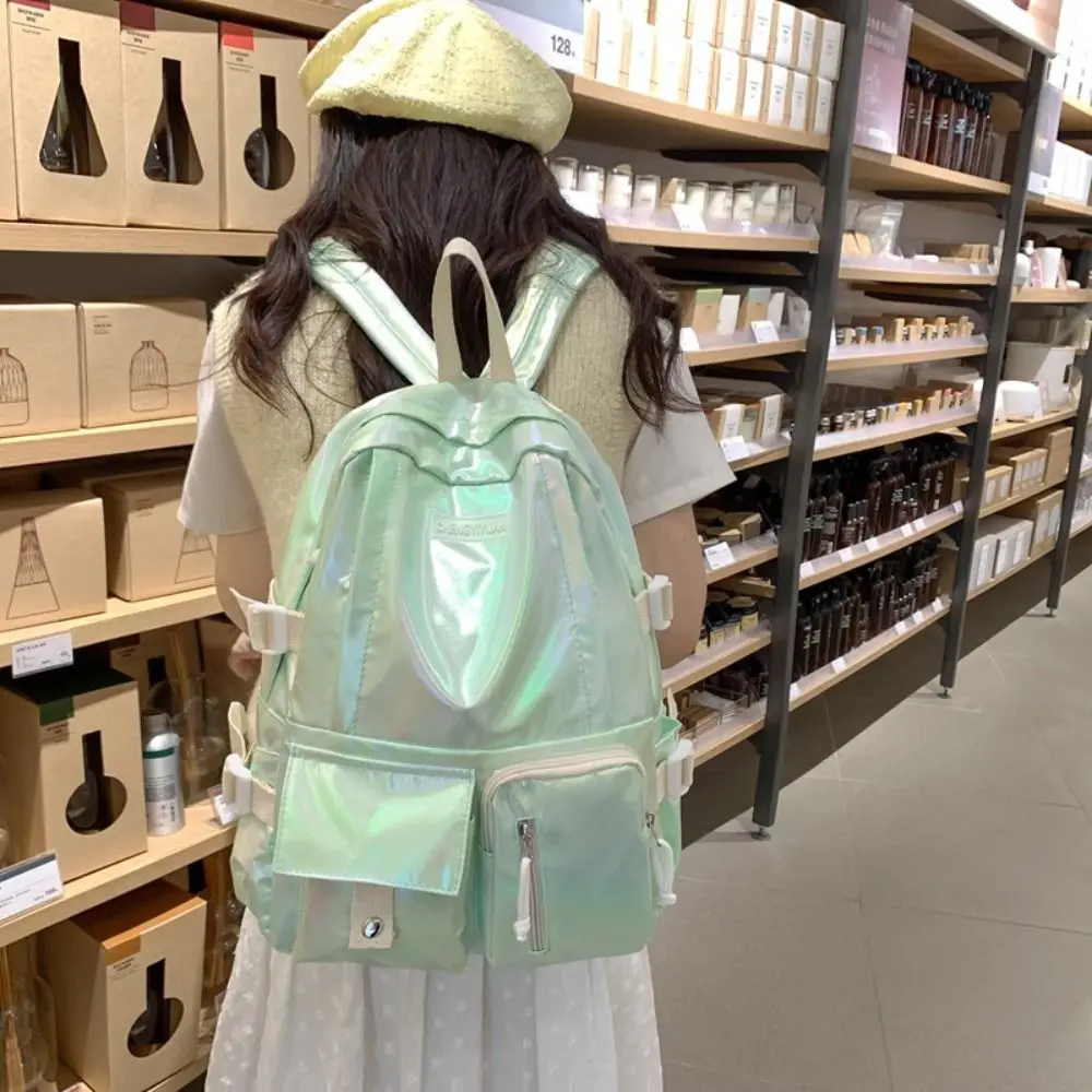 Cute Multi-Pocket Laser Backpack Large Capacity Korean Style Students School Bag Handbag Travel Bag Shoulder Bag Outdoor
