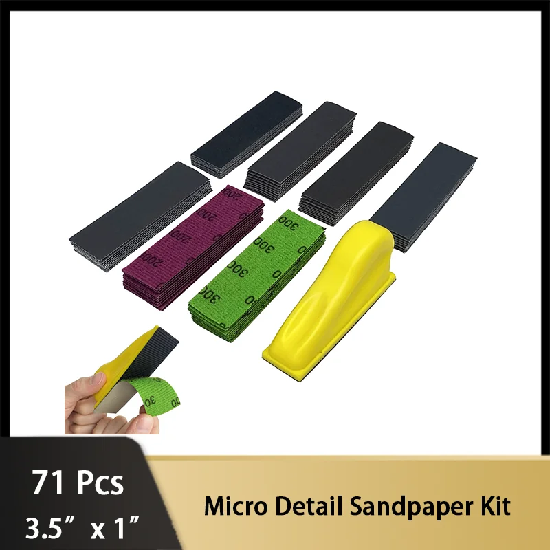 3.5”x 1” Micro Detail Sandpaper Kit 70 Pcs Grit 400-3000 Mini Sander Kit with Hand Sanding Block for Craft Wood Small Space