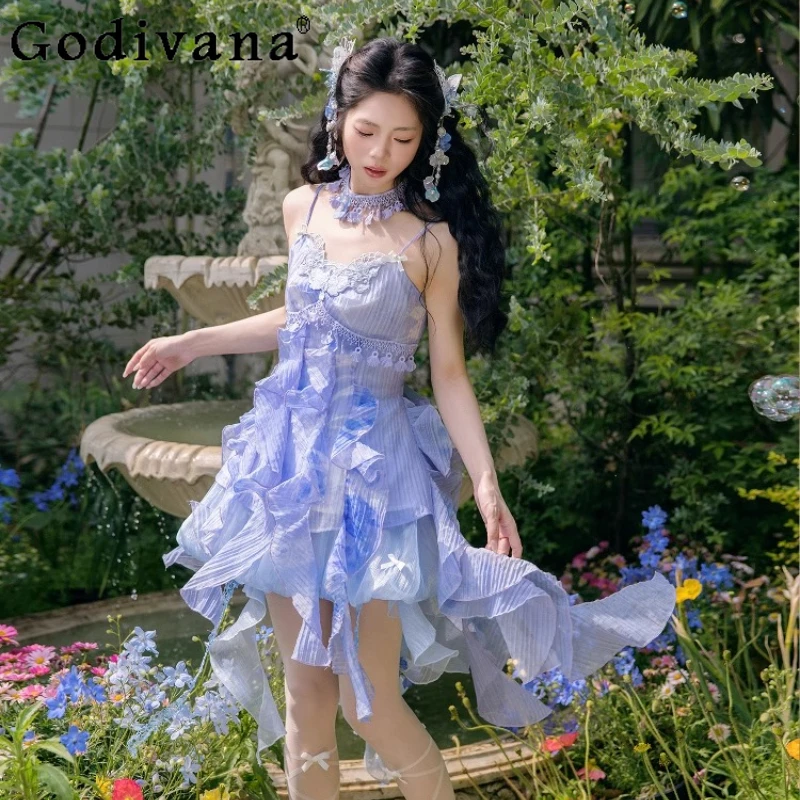 

Chinese Style Blue Fairy Dress Jsk Spring and Summer Girl Woman Slim-Fit Elegant Irregular Suspender Dress Cardigan Shorts Suit