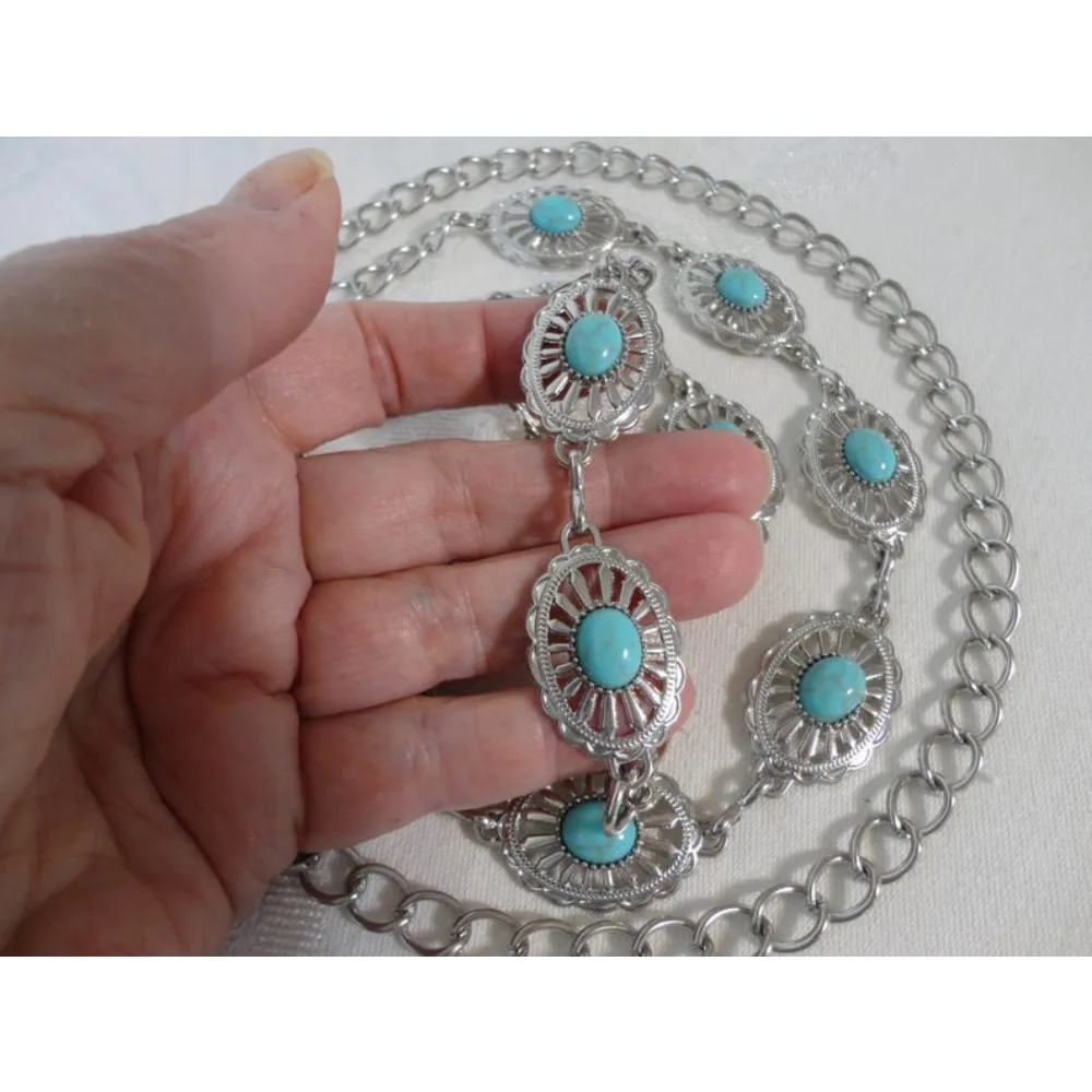 Vintage Concho Link Belt Simulated Blue Turquoise Look Beads Silver Plated Metal