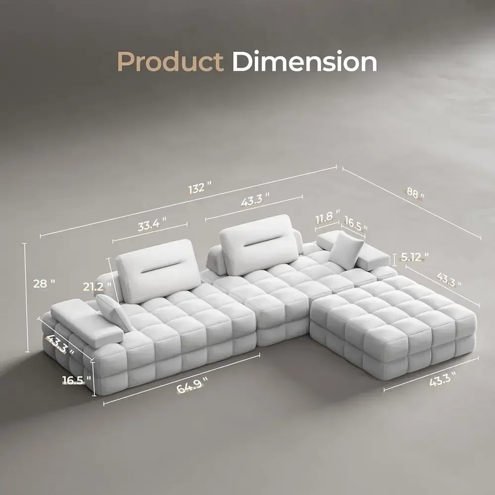 L-Shaped Sectional Sofa 132 with Storage Chaise, Bed & 6 Pillows, Durable Chenille Fabric for Living Room