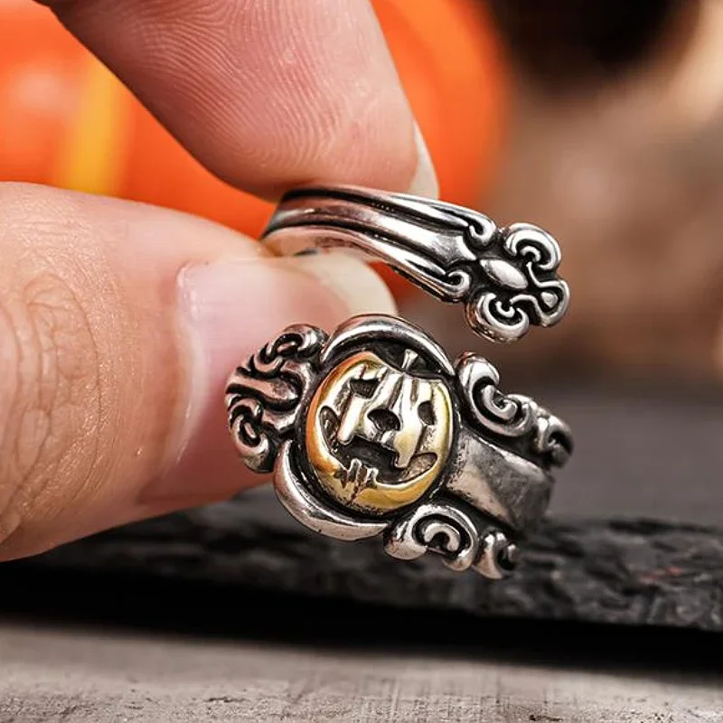 Huitan Vintage Engraved Pumpkin Halloween Opening Ring for Women Two Tone Scary Festival Metal Accessories Trendy Finger Jewelry