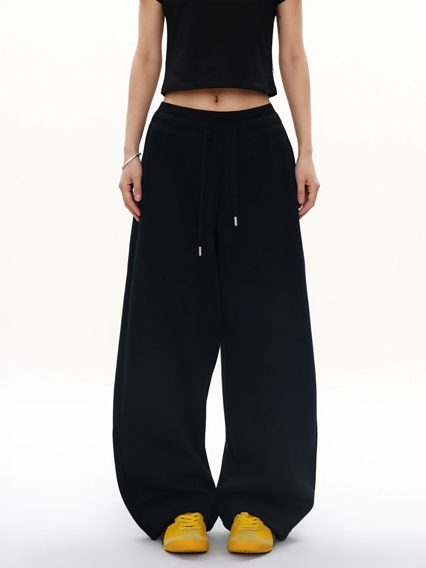 

S3T5 Double Waist Design Drapey Bla Fce Lined Wide Leg Pants Loose Comfortable Lazy Casual Trousers for Women