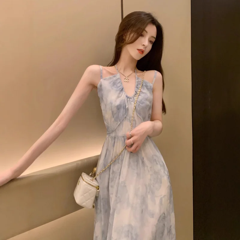 

French Style Summer Floral Halter Neck Strap Dress for Women Beach Vacation Pure Desire Long Dress2025New Women's Dress