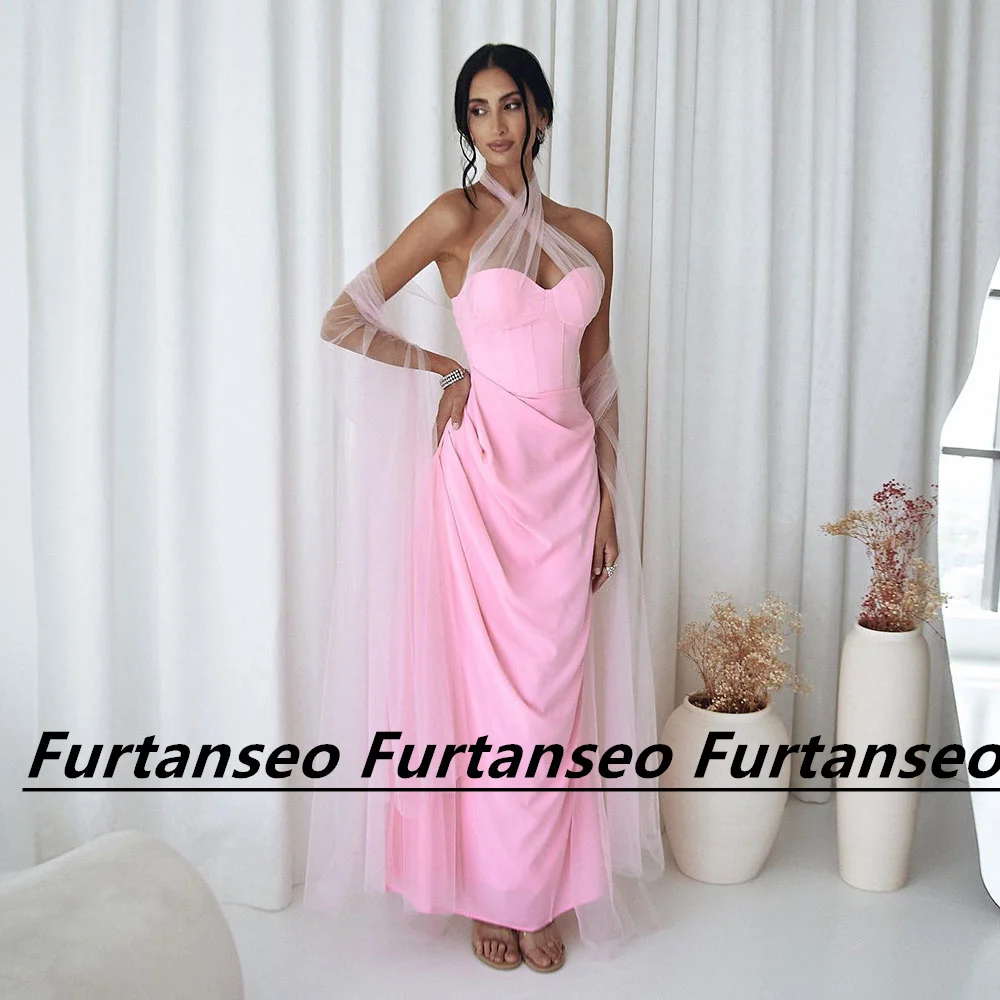 

Mermaid Chiffon Evening Gown Halter Neck With Shawl Draped Ankle-Length Backless Elegant Dubai Women's Formal Occasion Dresses