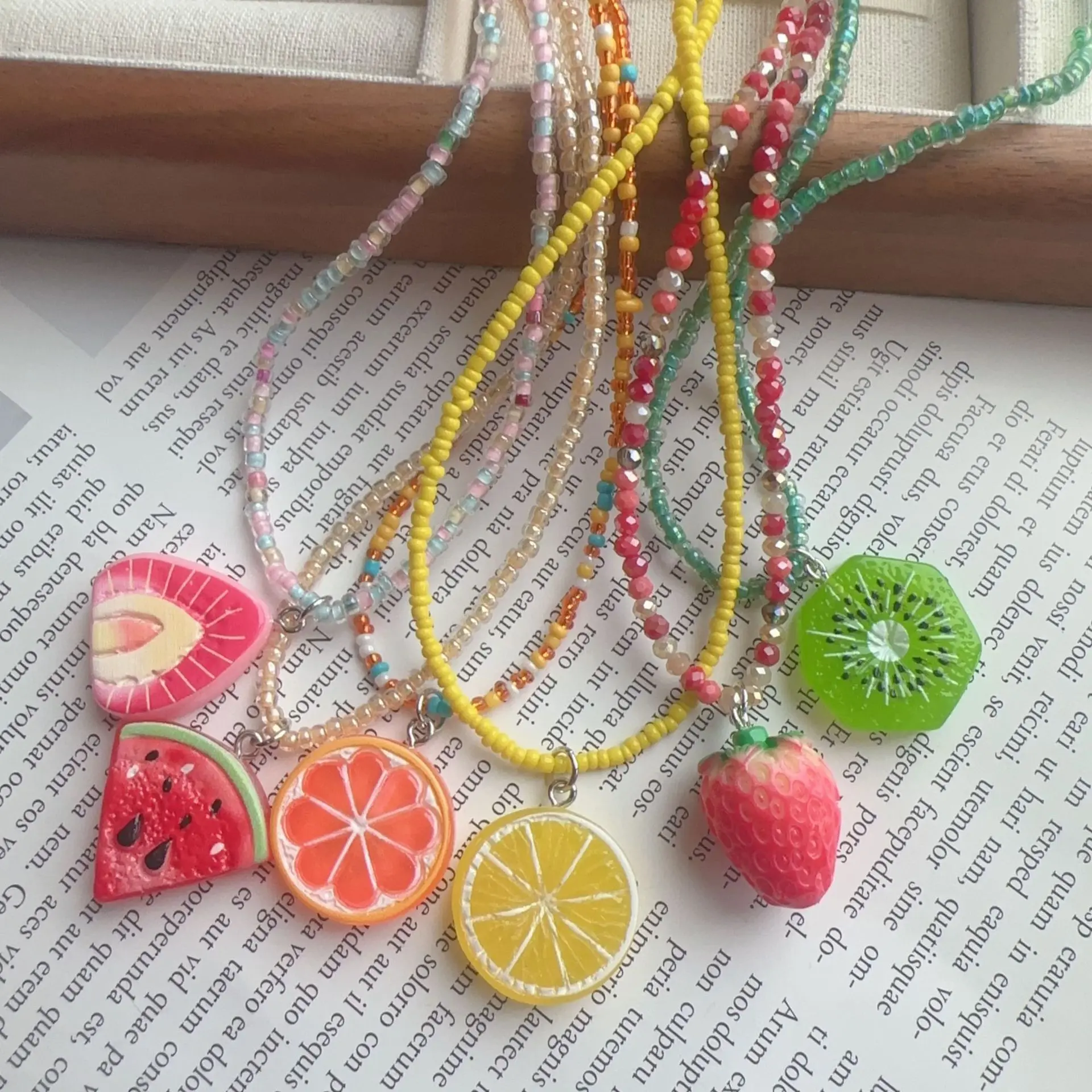 Cute Fruit Pendant Necklace for Girl Women Handmade Rice Beads Bohemian Choker Watermelon Lemon Strawberry Neck Jewelry Подвеска