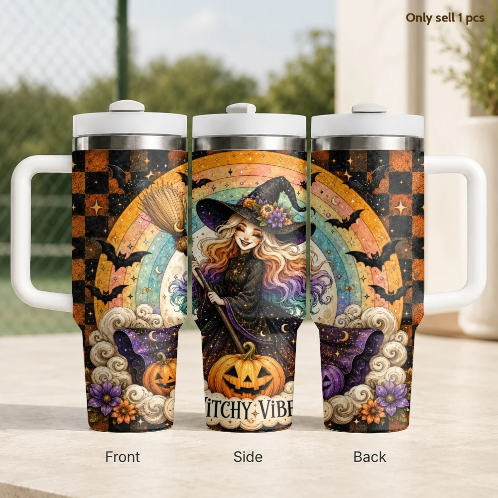 Retro Halloween Witch Vacuum Flasks 40oz Stainless Steel Travel Tumbler with Handle Straw Lid Double Wall Vacuum Insulated