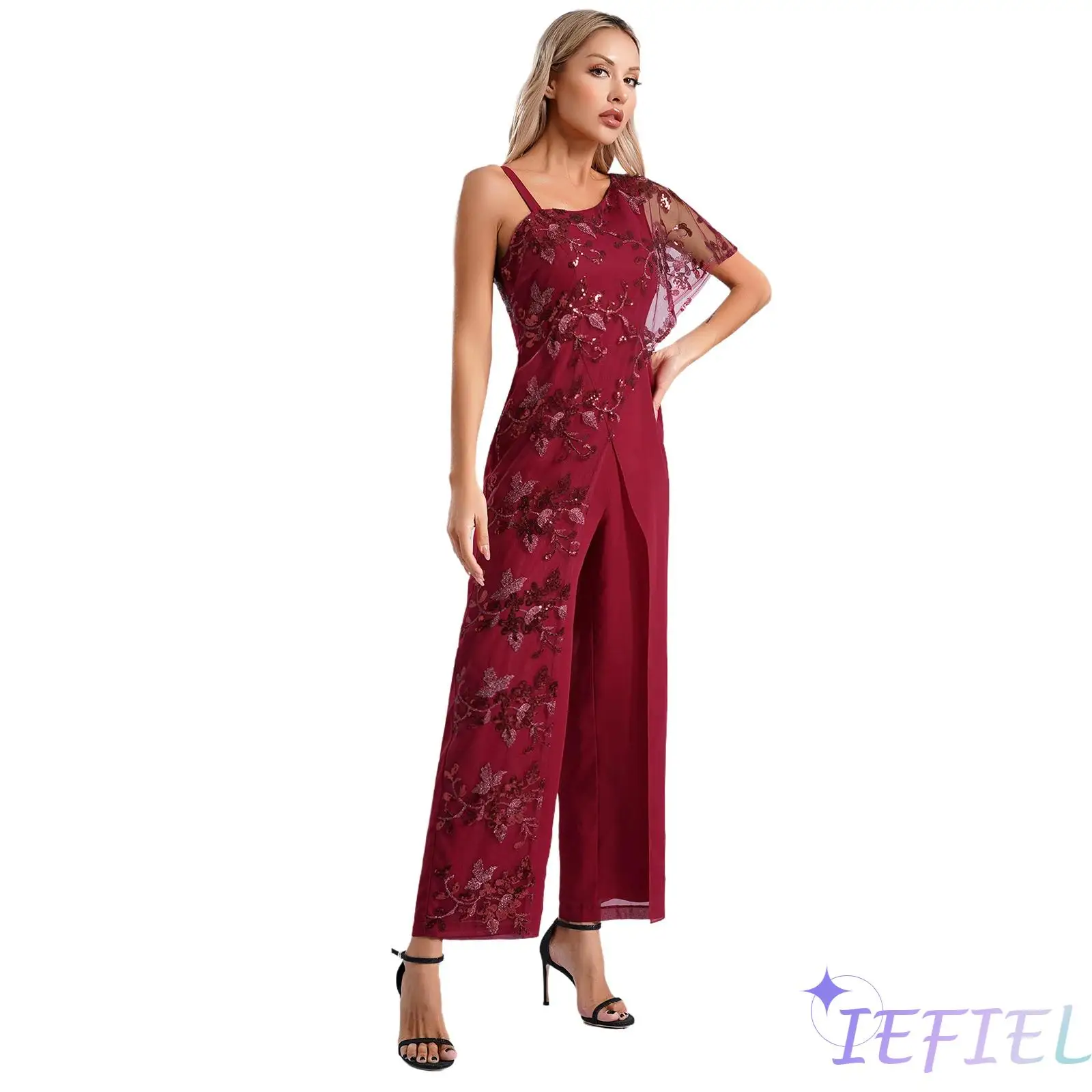 

Ladies Embroidered Lace Overlay Sequined Jumpsuit Playsuit Wide Leg Rompers Celebrity Dinner Prom Evening Club Disco Party Gown