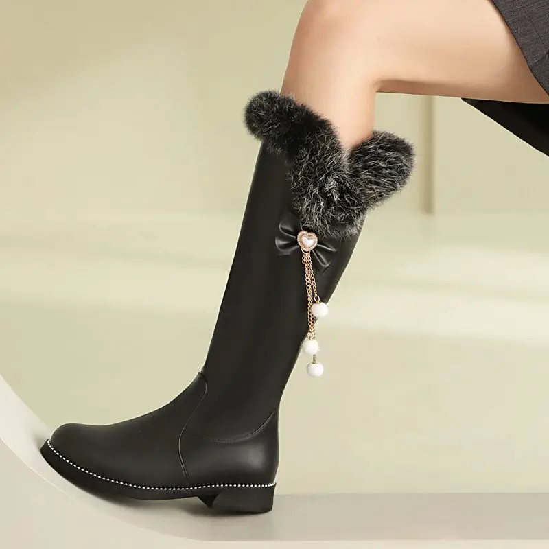 ORCHALISA Sweet Girls Knee Footwear Fur Trim Round Toe Thick Low Heel 2.5cm Bow Decor Dating Shoes Sizes 41 42 43